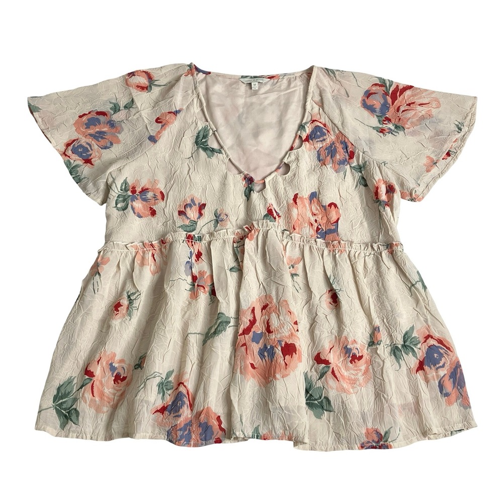 Lucky Brand Floral Peplum Top Womens M Cutout V-Neck Crinkle Flutter Sleeve Boho